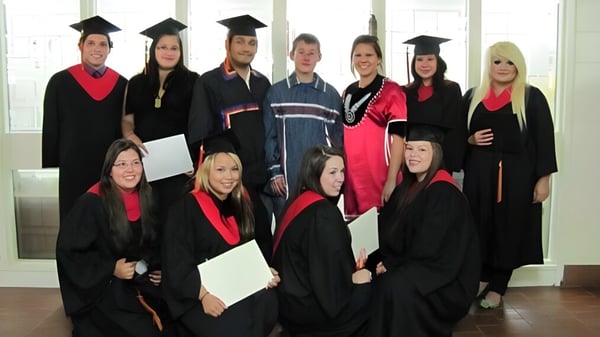 Eine Gruppe von Absolventinnen und Absolventen der Cornwall Collegiate & Vocational School posiert in akademischer Kleidung vor großen Fenstern.