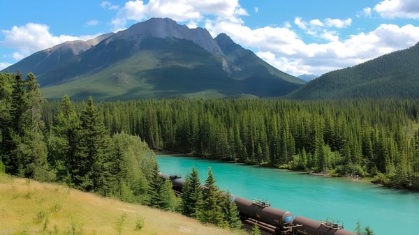 Eine bewaldete Landschaft mit einem schneebedeckten Berg und einem türkisfarbenen Fluss vor der Cornwall Collegiate & Vocational School.