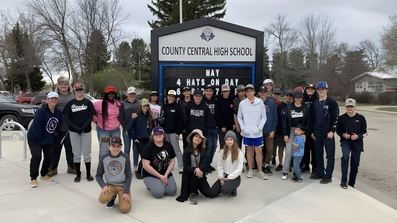 Eine Gruppe von Schülern und Mitarbeitern steht vor dem Schild der County Central High School mit Wald und Gebäuden im Hintergrund.