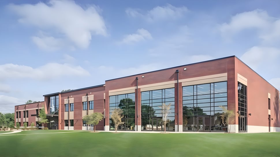 Das moderne Backsteingebäude der Covenant Day School steht auf einer Grünfläche unter blauem Himmel.