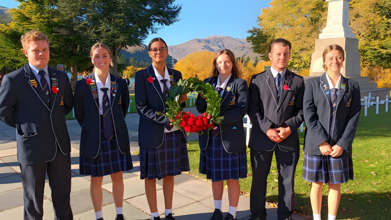 Eine Gruppe Schüler in Schuluniformen steht vor herbstlicher Berglandschaft auf dem Gelände des Cromwell College.