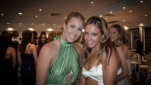 Zwei Schülerinnen der Cronulla High School posieren im formellen Outfit in einem schwach beleuchteten Raum.