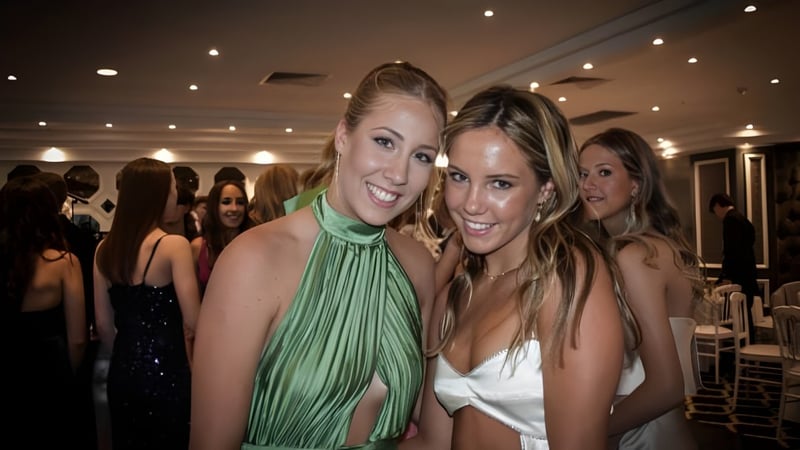 Zwei Schülerinnen der Cronulla High School posieren im formellen Outfit in einem schwach beleuchteten Raum.