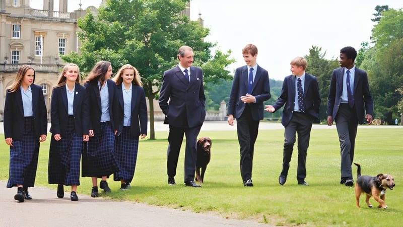 Eine Gruppe von Schülern der Culford School geht gemeinsam mit einem Hund über eine Wiese zwischen Bäumen und Gebäuden.
