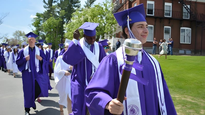 Absolventinnen und Absolventen der Cushing Academy in violetten Talaren laufen über den Campus auf dem Rasen.