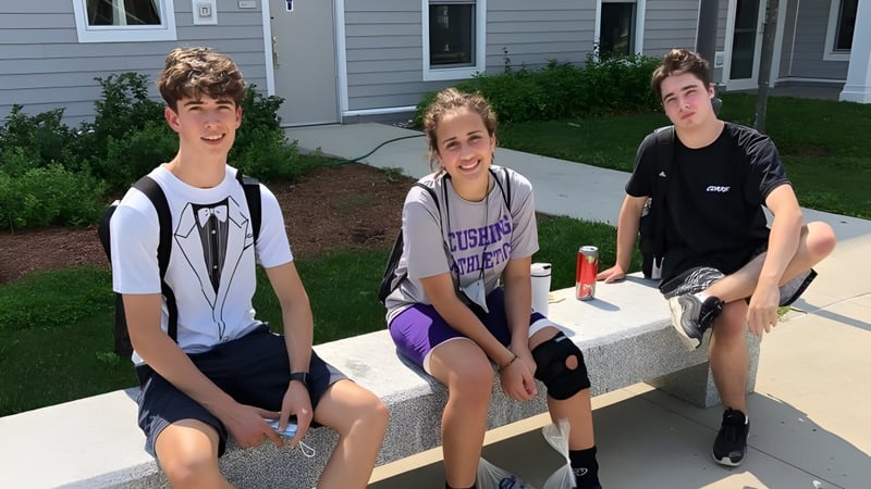 Drei Schüler sitzen vor einem Gebäude auf einer Treppe auf dem Campus der Cushing Academy.