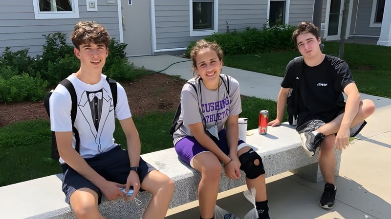 Drei Schüler sitzen auf einer Treppenstufe vor einem Gebäude auf dem Campus der Cushing Academy.