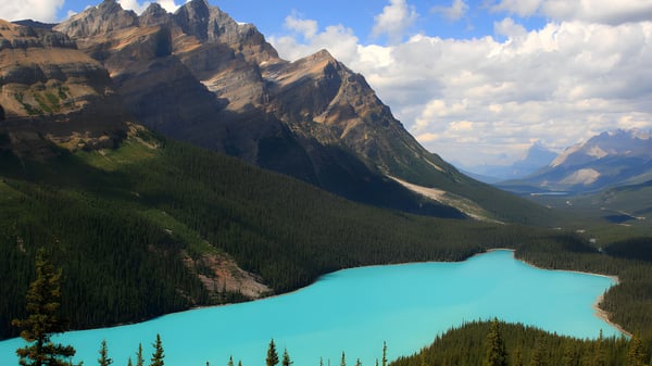 Blick auf einen türkisfarbenen See mit bewaldetem Tal und hohen Bergen im Hintergrund.