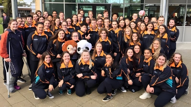 Eine Gruppe von Schülern des Dalyellup College steht in einheitlichen schwarzen und orangen Uniformen vor einem modernen Glasgebäude.