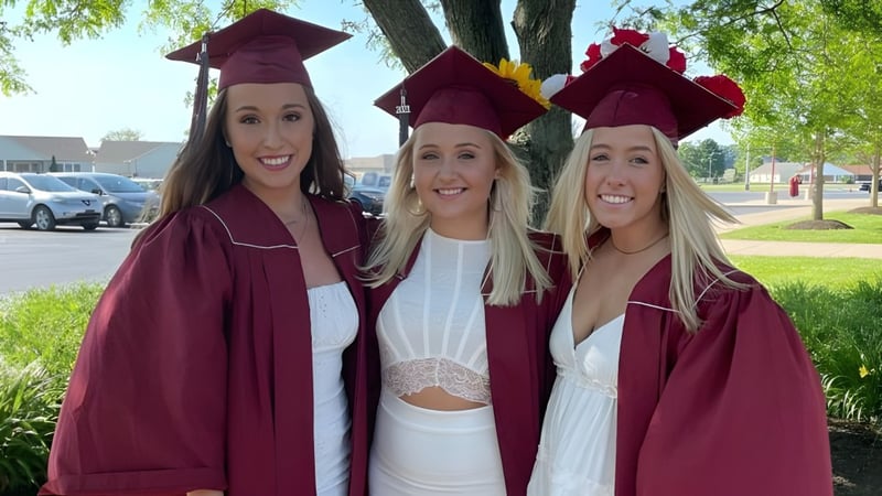 Drei Absolventinnen der Danville Community High School posieren lachend im Freien vor einem Schulgebäude.