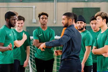 Schüler des David Game College tragen grüne Trikots und befinden sich in einer Teamsitzung mit ihrem Coach in der Sporthalle.
