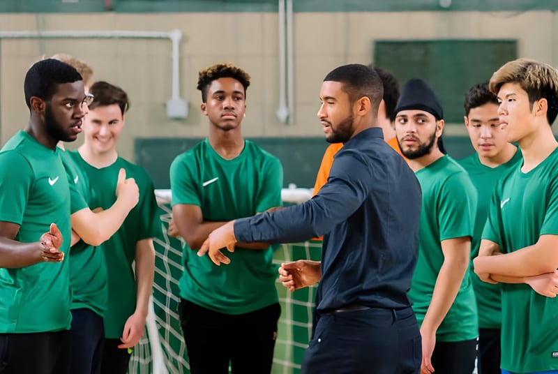 Schüler des David Game College tragen grüne Trikots und befinden sich in einer Teamsitzung mit ihrem Coach in der Sporthalle.
