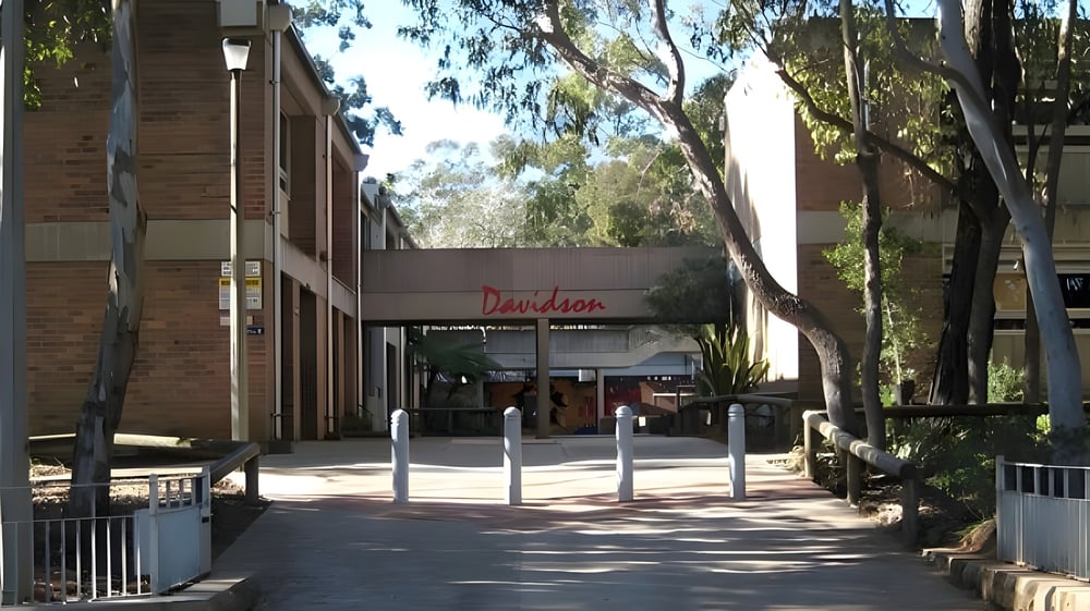 Ein gepflasterter Weg führt durch einen bewaldeten Bereich zum Gebäude der Davidson High School im Hintergrund.