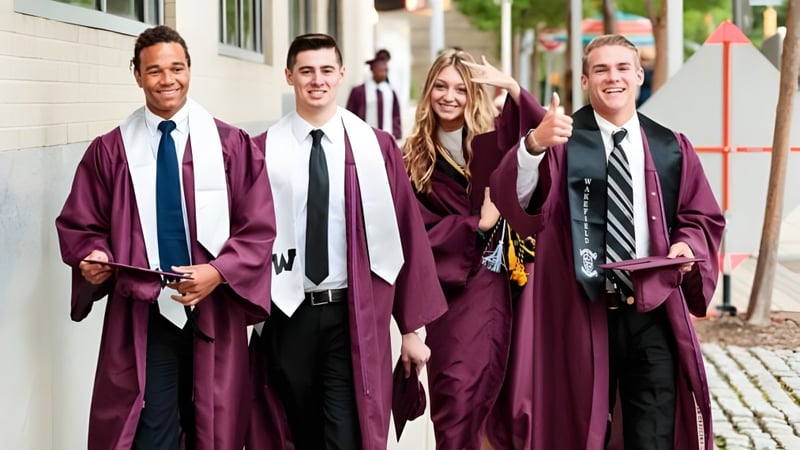 Vier Absolventen des Davis School District in roten Talaren gehen gemeinsam auf einem gepflasterten Weg im Schulgelände.