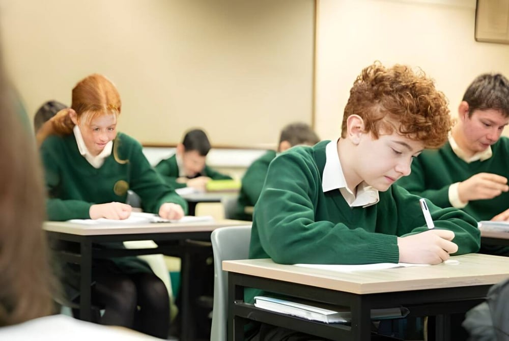 Schüler des Davitt College sitzen in einem Klassenraum und konzentrieren sich auf ihre Arbeit.