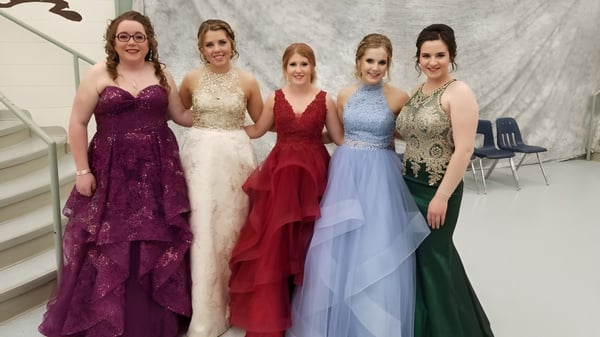 Fünf Schülerinnen der Daysland School posieren in eleganten Kleidern bei einer formellen Veranstaltung.