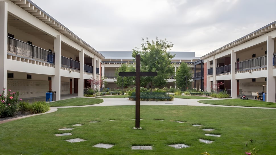 Der Hof mit einer grasbewachsenen Mitte und zweistöckigen Gebäuden umgibt den Innenbereich des De la Salle College Macroom.