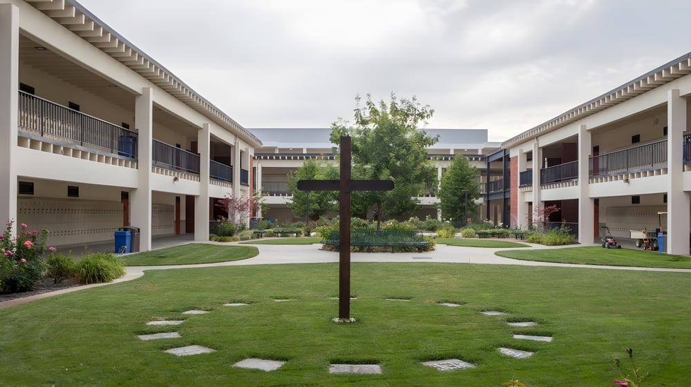Der Hof mit einer grasbewachsenen Mitte und zweistöckigen Gebäuden umgibt den Innenbereich des De la Salle College Macroom.