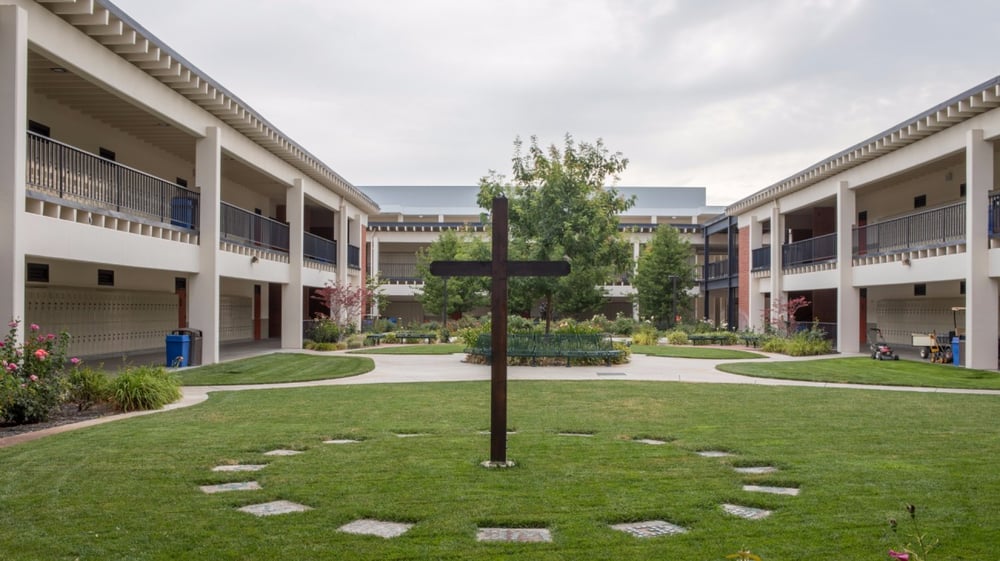 Der gepflegte Hof mit einer Grasfläche und einem Baum in der Mitte auf dem Campus des De la Salle College Macroom.