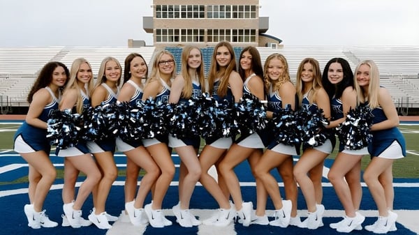 Eine Gruppe Cheerleader in einheitlichen Uniformen posiert auf einem Sportfeld auf dem Gelände von Deer Valley Unified.