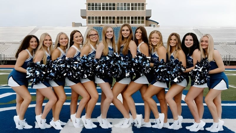 Eine Gruppe Cheerleader in einheitlichen Uniformen posiert auf einem Sportfeld auf dem Gelände von Deer Valley Unified.
