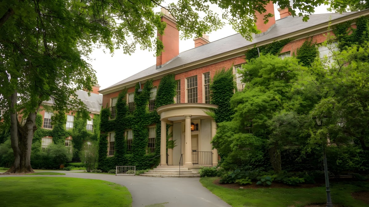 Das Hauptgebäude der Deerfield Academy ist von hohen Bäumen und gepflegtem Rasen umgeben.