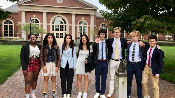 Eine Gruppe Schüler steht vor dem historischen Gebäude der Deerfield Academy umgeben von grüner Landschaft.
