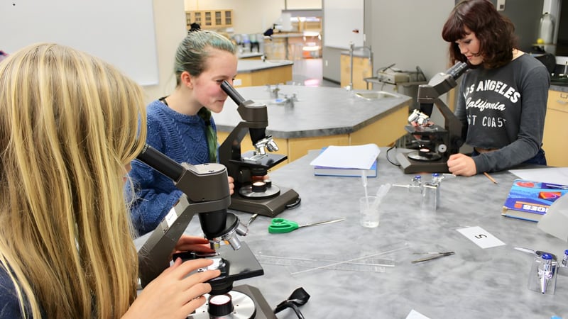 Zwei Schülerinnen arbeiten gemeinsam im Labor der Delta Secondary School mit wissenschaftlichen Geräten.