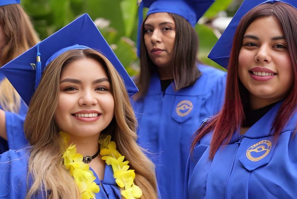Eine Gruppe von Schülerinnen der Desert Sands Schools trägt draußen in einer grünen Umgebung blaue Abschlussroben und -mützen.