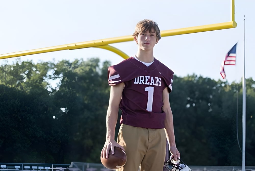 Ein Schüler der Dexter High School steht vor einem gelben Fußballtor mit einem maroonfarbenen Trikot auf dem Campus.