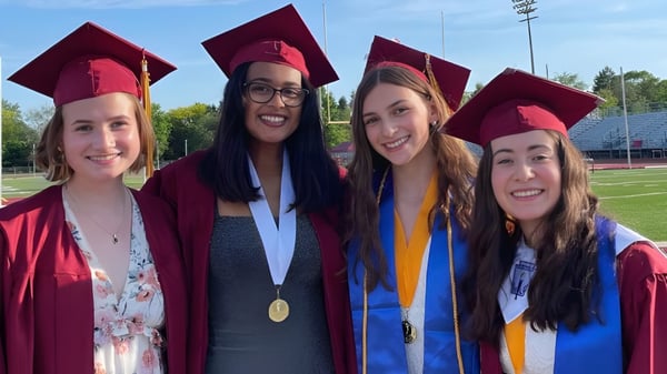 Vier Absolventinnen der Dexter High School posieren im Freien vor einem Sportfeld und Stadion am sonnigen Tag.