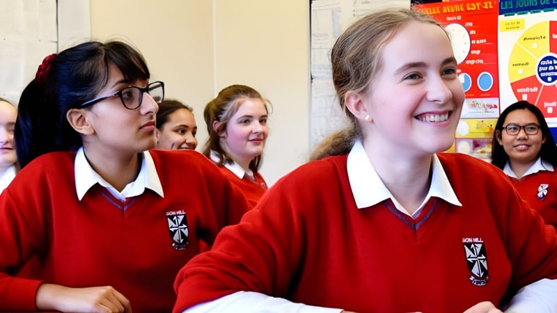 Eine Gruppe Schüler in roten Schuluniformen auf dem Campus des Dominican College Sion Hill, eine Schülerin lächelt im Vordergrund.