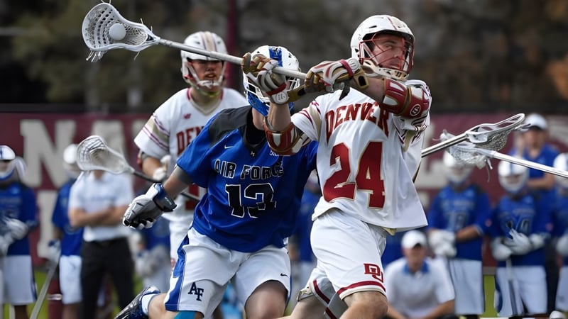 Zwei Lacrosse-Spieler der Don College kämpfen auf dem Spielfeld um den Ball.