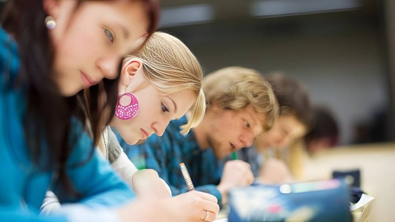 Eine Gruppe von Schülerinnen und Schülern arbeitet konzentriert in der Donahies Community School.