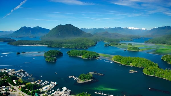Eine Luftaufnahme zeigt eine grüne Inselgruppe mit klarem türkisfarbenem Wasser vor der Dover Bay Secondary School.