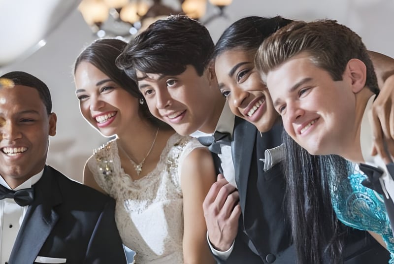 Eine Gruppe von Personen in formeller Kleidung posiert gemeinsam bei einer Feier auf dem Campus der Downside School.