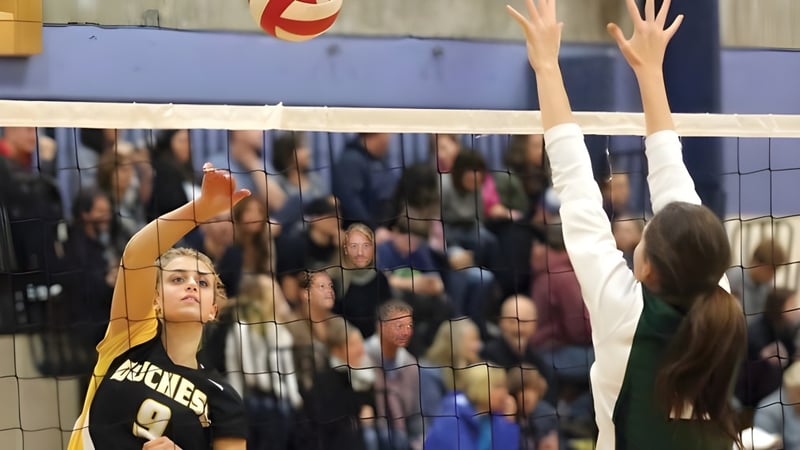 Schüler der Duchess Park Secondary School spielen Volleyball während Zuschauer im Hintergrund das Spiel verfolgen.