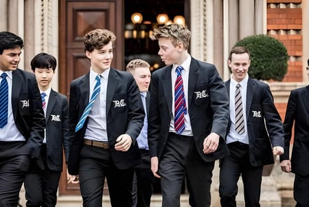 Eine Gruppe Schülerinnen und Schüler des Dulwich College geht gemeinsam auf einem gepflasterten Weg vor einem historischen Gebäude.