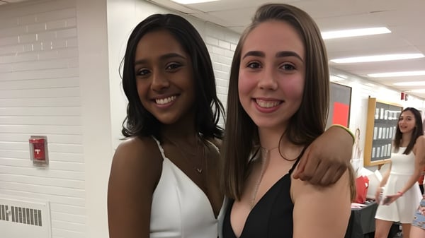 Zwei Schülerinnen der Dunbarton High School lächeln gemeinsam im Schulflur vor Spinden.