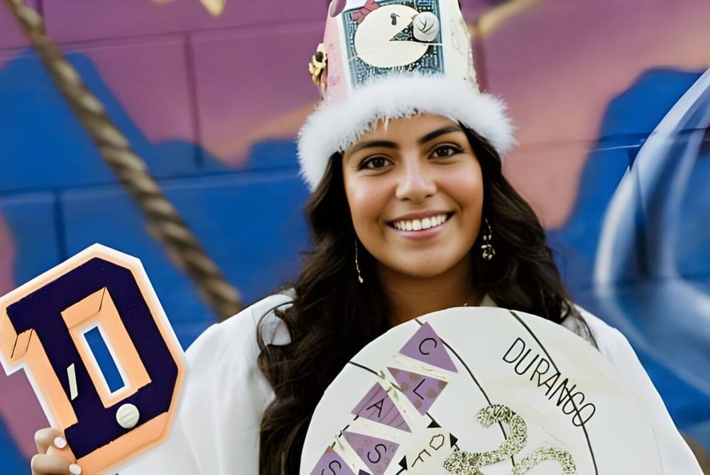 Eine Schülerin der Durango High School steht mit einem Schild mit der Nummer 1 vor einer bunt besprühten Wand.