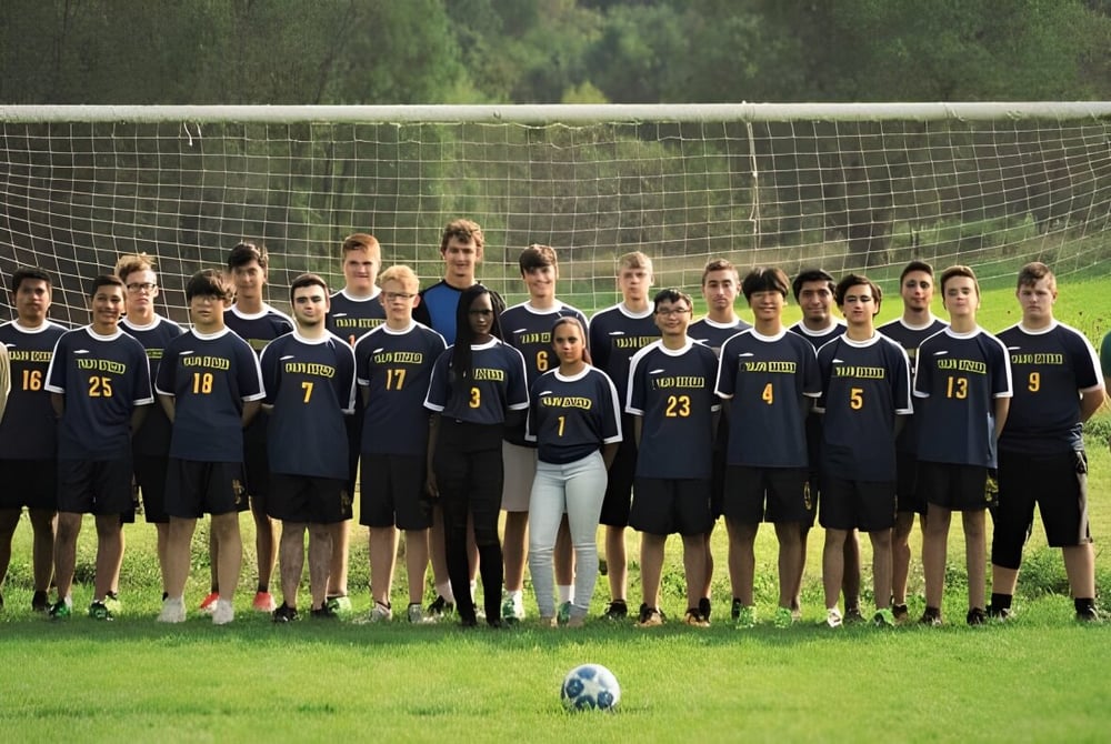 Eine Gruppe von Schülern der Eagle School steht als Fußballteam gemeinsam auf einem Rasenfeld.