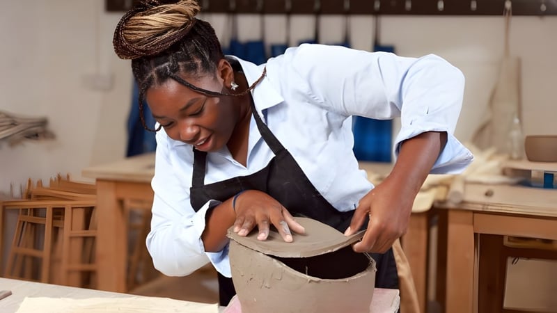 Eine Person mit weißem Hemd und schwarzer Schürze arbeitet an einem Holztisch in der Werkstatt der Eastbourne Academy.