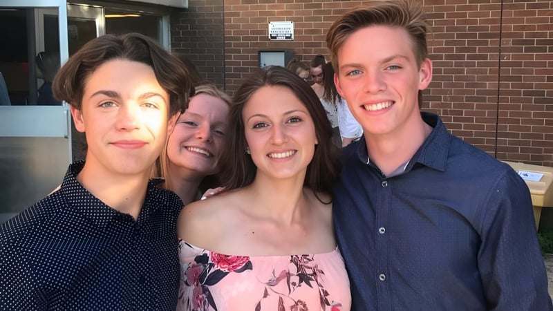 Eine Gruppe von vier Personen steht lächelnd vor einem Backsteingebäude auf dem Campus der Eastview Secondary School.