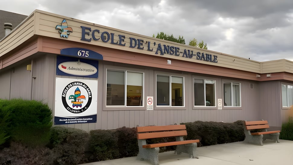 Das zweistöckige Gebäude der École de l'Anse-au-sable mit Beschilderung und Sitzbänken im Vordergrund unter bewölktem Himmel.