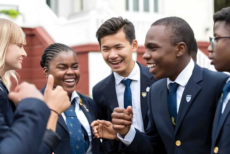 Schüler der Ecole des Roches unterhalten sich in formeller Kleidung bei einer Feier im Schulgebäude.