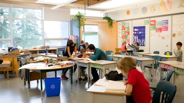 Schüler der École du Bois-Joli arbeiten in einem bunten Klassenraum mit vielen Lehrmaterialien an den Wänden.