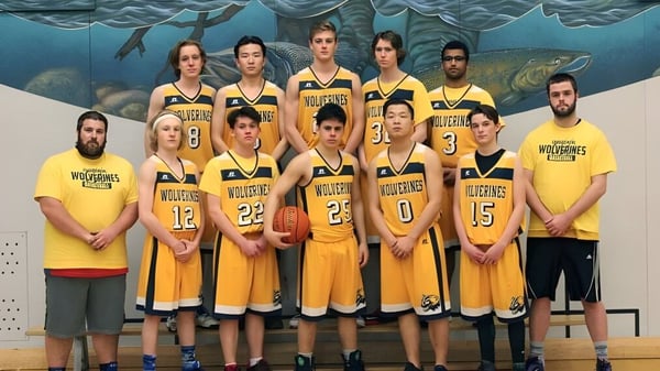 Eine Gruppe von Schülerinnen und Schülern der Edward Milne Community School steht in gelben Basketball-Trikots vor einem Wandbild mit Unterwasser-Motiv.