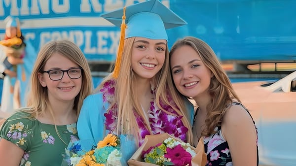 Drei Schülerinnen in bunter Abschlusskleidung feiern ihren Abschluss an der El Camino Real Charter High School vor Karnevalsdekorationen.
