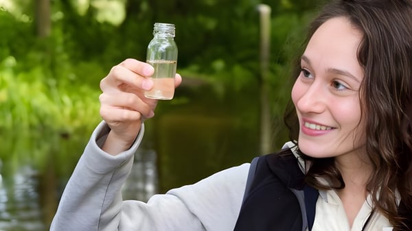 Eine Schülerin der Elite Preparatory Academy hält eine kleine Glasflasche vor grünem Laub hoch.