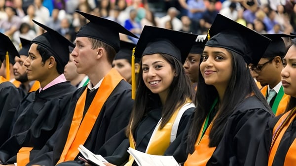 Absolventinnen und Absolventen der Elmwood High School stehen zusammen in ihrer Abschlusskleidung und lächeln in die Kamera.